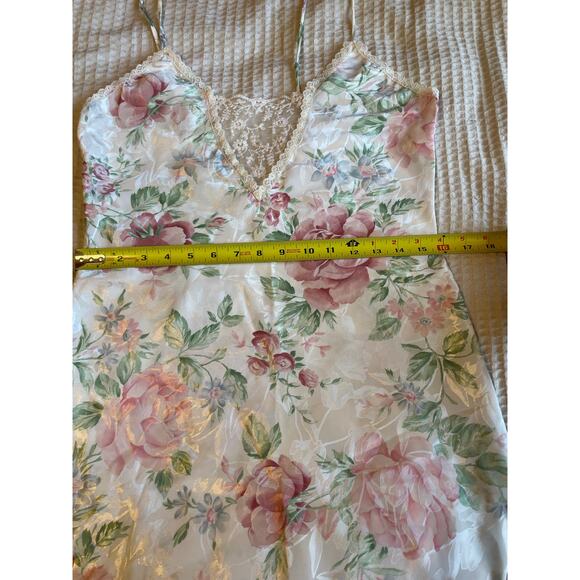 VTG Silky Textured Lace Trim V Neck Pink & Green Floral Mini Slip Dress XS - Picture 8 of 9